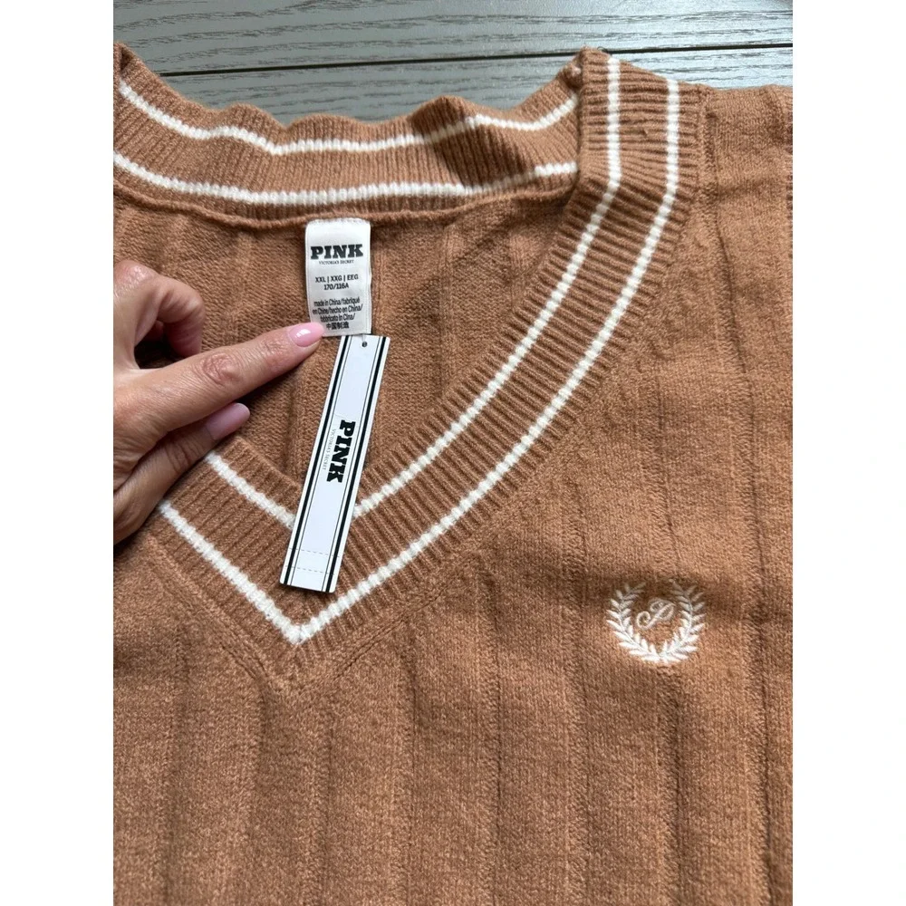 Pink Victoria's Secret Varsity Sweater Vest Tan Ribbed V-Neck XXL NWT